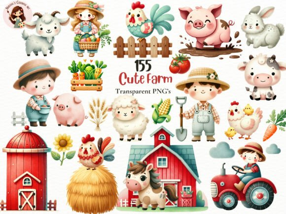 Download Watercolor Farm Kids &amp; Animals PNG Set - Kids Collection