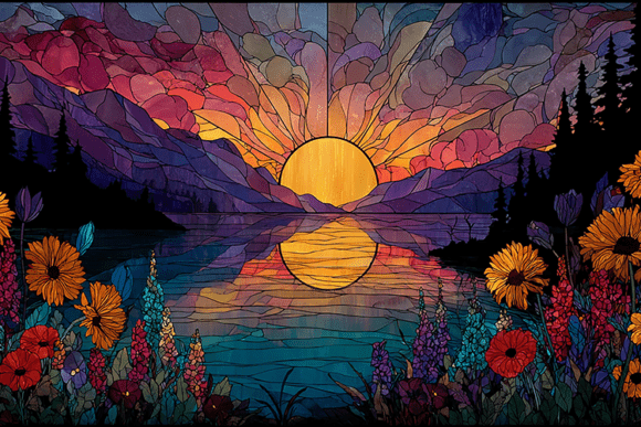 Download Sunset Lake Mountain Stained Glass Art - Sunset Collection